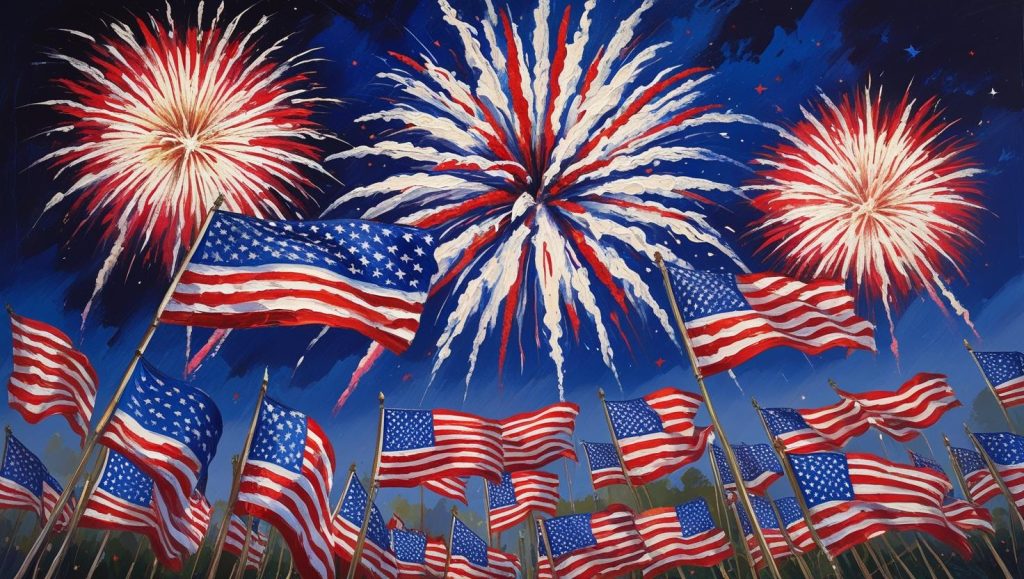 Create an image celebrating US Independence Day with fireworks, American flags, and festive red, white, and blue colors. us