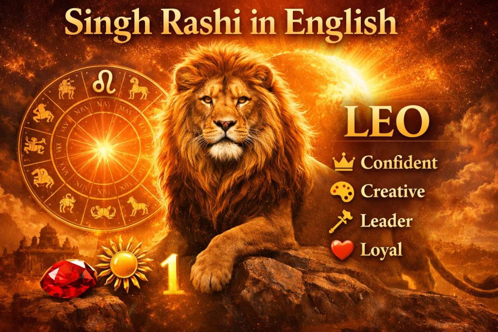 Singh Rashi in English visual representing Leo zodiac energy and lion symbolism